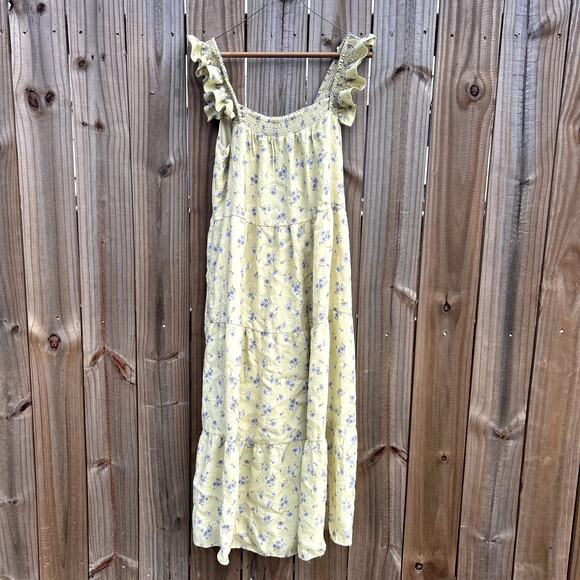 Anthropologie Moon River Tiered Ruched Midi Dress Yellow Floral Boho Medium - Picture 3 of 7